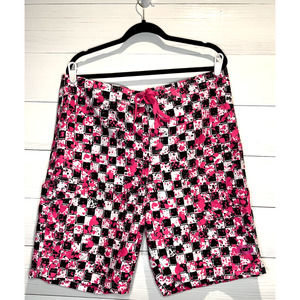 O'rageous Swim Trunks Neon Pink Splatter Paint on Black Checkerboard 80's Vibes
